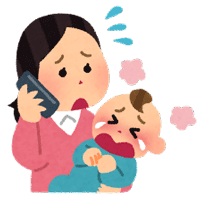 お母さんが泣いている赤ちゃんを抱きながら電話をしているイラスト