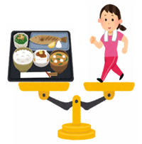 食事と運動している女性が上皿てんびんに乗っているイラスト