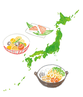 日本地図と郷土料理のイラスト