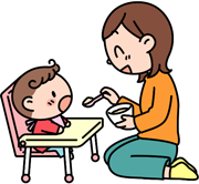 お母さんが赤ちゃんに食事を食べさせているイラスト