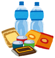 ペットボトルの水やチョコレート、缶詰等備蓄用食品のイラスト