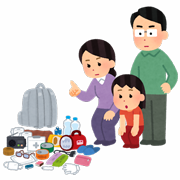 防災グッズを確認する家族のイラスト