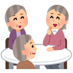 丸いテーブルを囲んで談笑するお婆さん達のイラスト