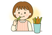 野菜スティックをよくかんで食べる子供のイラスト 