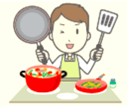 料理が完成しポーズを決めている人のイラスト