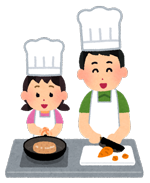 お父さんと女の子が一緒に料理をしているイラスト