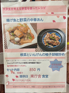 名古屋市地下食堂（IKOTTO）の揚げ魚と野菜の中華あんと根菜といんげんの柚子胡椒炒めのポスターの写真