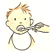 赤ちゃんがスプーンにのせた食べ物を前に口を開けているイラスト