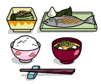 ご飯やパン、シリアルの「主食」と描かれたイラストと肉や魚、卵、ウインナーの「主菜」と描かれたイラスト