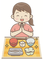 食べ終わった食器を前に手を合わせている女の人のイラスト