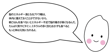 「脳のエネルギー源となるブドウ糖は、体内に蓄えておくことができないから、朝ごはんを食べないとエネルギー不足で脳の働きが鈍くなるんだ。たんぱく質やビタミン、ミネラルの多く含むおかずも食べるともっと体は元気になれるよ。」とコメ太郎が説明をしているイラスト