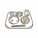 ご飯やおかず、飲み物がのった食事用トレーのイラスト