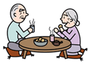 老夫婦がちゃぶ台を挟んでおせんべいを食べているイラスト