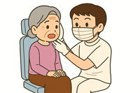 歯科医院でオーラルフレイルのチェックを受ける高齢者のイラスト