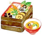 重箱に入ったおせち料理とお雑煮のイラスト