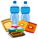 ペットボトルの水、スナック菓子、レトルト食品、乾パン、缶詰、チョコレート等の保存食のイラスト