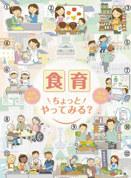 名古屋市食育推進計画（第5次）のリーフレット表紙イラスト（食育クイズの画像）。日常の場面から食育を探す内容。
