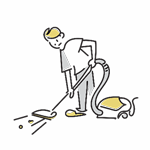掃除機を使って床を掃除している人のイラスト